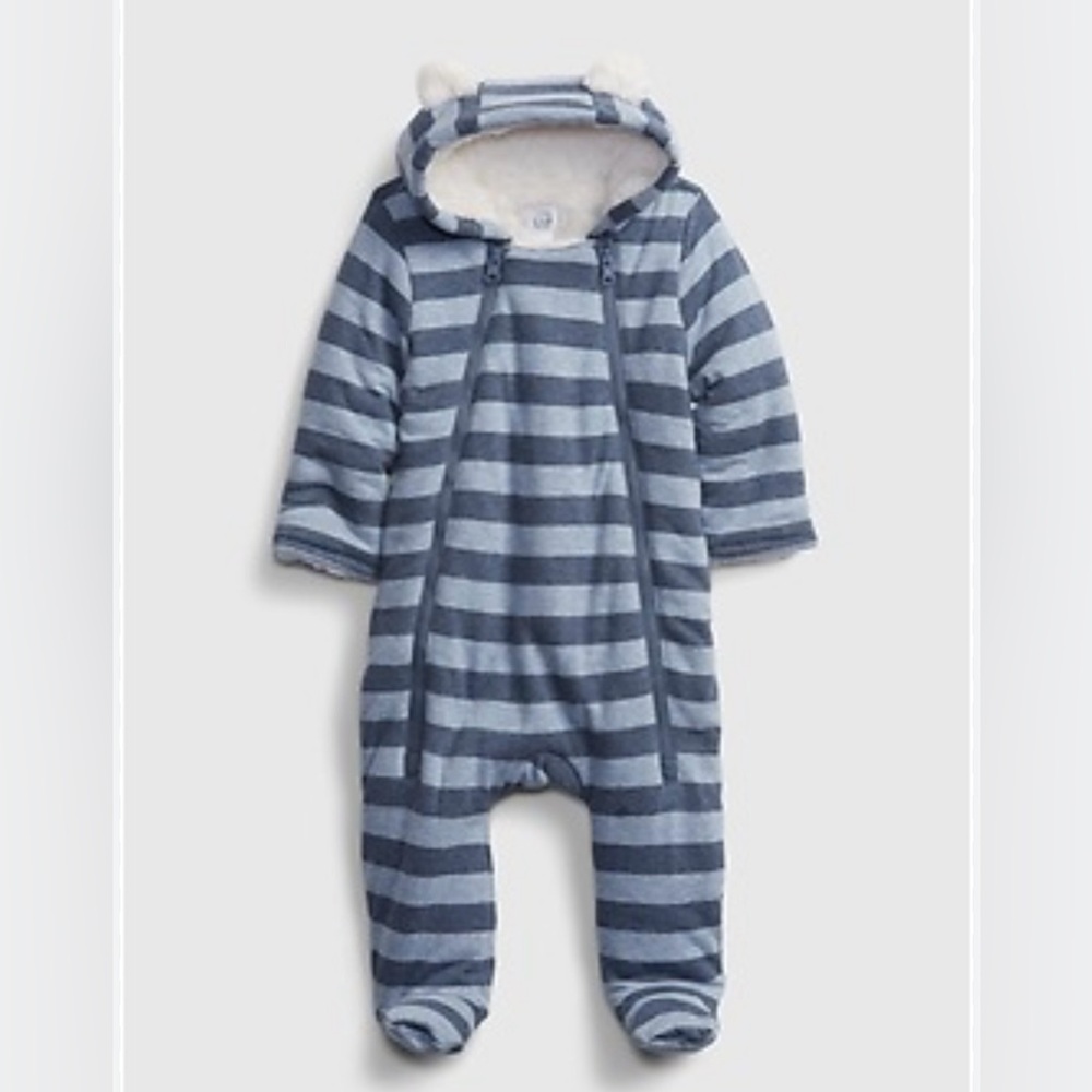 Baby Gap ColdControl Sherpa Snowsuit 0-3M Blue Stripe Hooded Bunting Winter